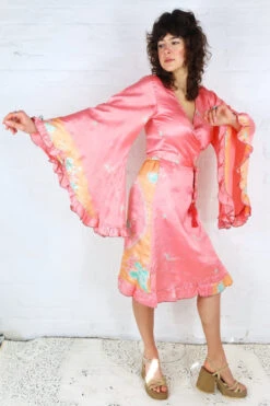 Venus Vintage Sari Midi Dress - Sunny Salmon Pink Embossed Floral - Size S/M