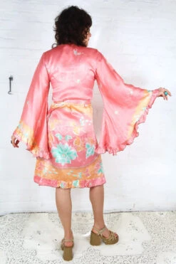 Venus Vintage Sari Midi Dress - Sunny Salmon Pink Embossed Floral - Size S/M -KIKIS Clothing Shop model wearing venus midi dress wide frilly butterfly sleeves handmade vintage indian sari size sm all about audrey 5