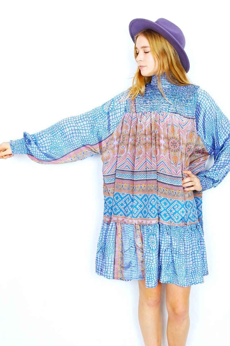 Mona Mini Dress - Vintage Indian Sari - Powdered Lilac Chartreuse & Teal Mandala Motif - Free Size 3 Mona Mini Dress - Vintage Indian Sari - Powdered Lilac Chartreuse & Teal Mandala Motif - Free Size - Image 3