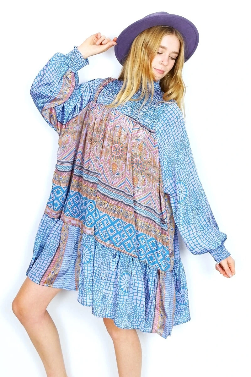 Mona Mini Dress - Vintage Indian Sari - Powdered Lilac Chartreuse & Teal Mandala Motif - Free Size 1 Mona Mini Dress - Vintage Indian Sari - Powdered Lilac Chartreuse & Teal Mandala Motif - Free Size