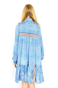 Mona Mini Dress - Vintage Indian Sari - Powdered Lilac Chartreuse & Teal Mandala Motif - Free Size 7 Mona Mini Dress - Vintage Indian Sari - Powdered Lilac Chartreuse & Teal Mandala Motif - Free Size -KIKIS Clothing Shop mona mini high neck ruched boho tiered dress 70s vintage indian recycled sari all about audrey 8