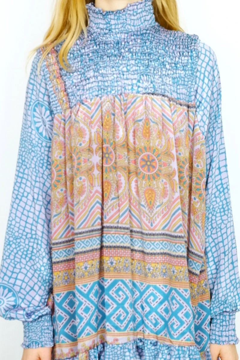 Mona Mini Dress - Vintage Indian Sari - Powdered Lilac Chartreuse & Teal Mandala Motif - Free Size 2 Mona Mini Dress - Vintage Indian Sari - Powdered Lilac Chartreuse & Teal Mandala Motif - Free Size - Image 2