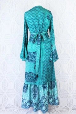 Sylvia Wrap Dress - Vintage Indian Sari - Deep Ocean Blue & Indigo Paisley Shimmer - S -KIKIS Clothing Shop ocean blue and indigo paisley shimmer back of sylvia wrap dress all about audrey