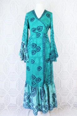 Sylvia Wrap Dress - Vintage Indian Sari - Deep Ocean Blue & Indigo Paisley Shimmer - S -KIKIS Clothing Shop ocean blue and indigo paisley shimmer recycled sari sylvia maxi dress
