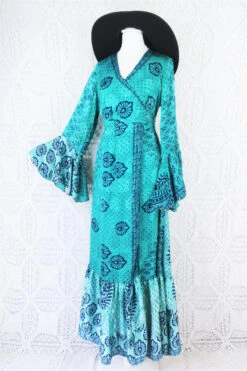 Sylvia Wrap Dress - Vintage Indian Sari - Deep Ocean Blue & Indigo Paisley Shimmer - S