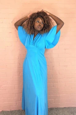 Vintage 70’s Dress - Olympic Blue Empire Line Angel Sleeve Maxi - Size S/M