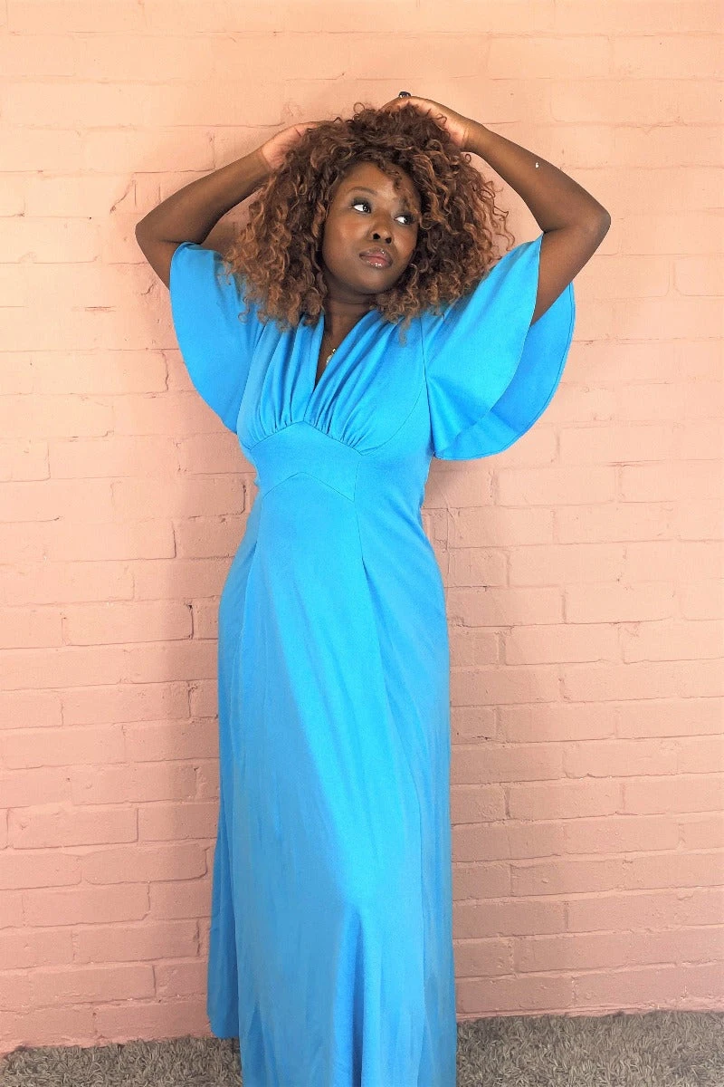 Vintage 70’s Dress - Olympic Blue Empire Line Angel Sleeve Maxi - Size S/M 1 Vintage 70’s Dress - Olympic Blue Empire Line Angel Sleeve Maxi - Size S/M