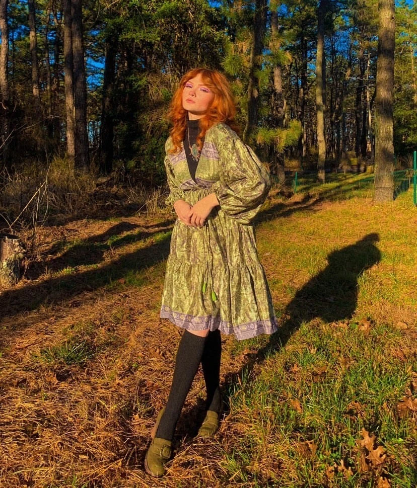 Gypsophila Mini Dress - Vintage Indian Sari - Green, Navy & Gold - Free Size 10 Gypsophila Mini Dress - Vintage Indian Sari - Green, Navy & Gold - Free Size - Image 10