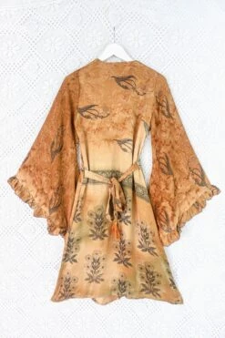 Venus Vintage Sari Midi Dress - Copper & Sage Block Print Floral - Size XS -KIKIS Clothing Shop pinned out on lace venus midi dress wide frilly butterfly sleeves handmade vintage indian sari size s m all about audrey 41