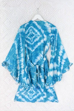 Venus Vintage Sari Midi Dress - Deep Aqua Blue Tie Dye - Size XS -KIKIS Clothing Shop pinned out on lace venus midi dress wide frilly butterfly sleeves handmade vintage indian sari size s m all about audrey 44