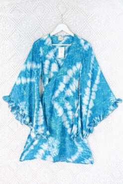 Venus Vintage Sari Midi Dress - Deep Aqua Blue Tie Dye - Size XS