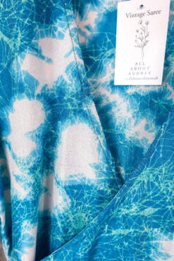 Venus Vintage Sari Midi Dress - Deep Aqua Blue Tie Dye - Size XS -KIKIS Clothing Shop pinned out on lace venus midi dress wide frilly butterfly sleeves handmade vintage indian sari size s m all about audrey 50