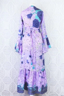 Sylvia Wrap Dress - Vintage Indian Sari - Purple Dusk & Aqua Floral (S/M) 12 Sylvia Wrap Dress - Vintage Indian Sari - Purple Dusk & Aqua Floral (S/M) -KIKIS Clothing Shop purple dusk and aqua floral back of sylvia wrap dress all about audrey