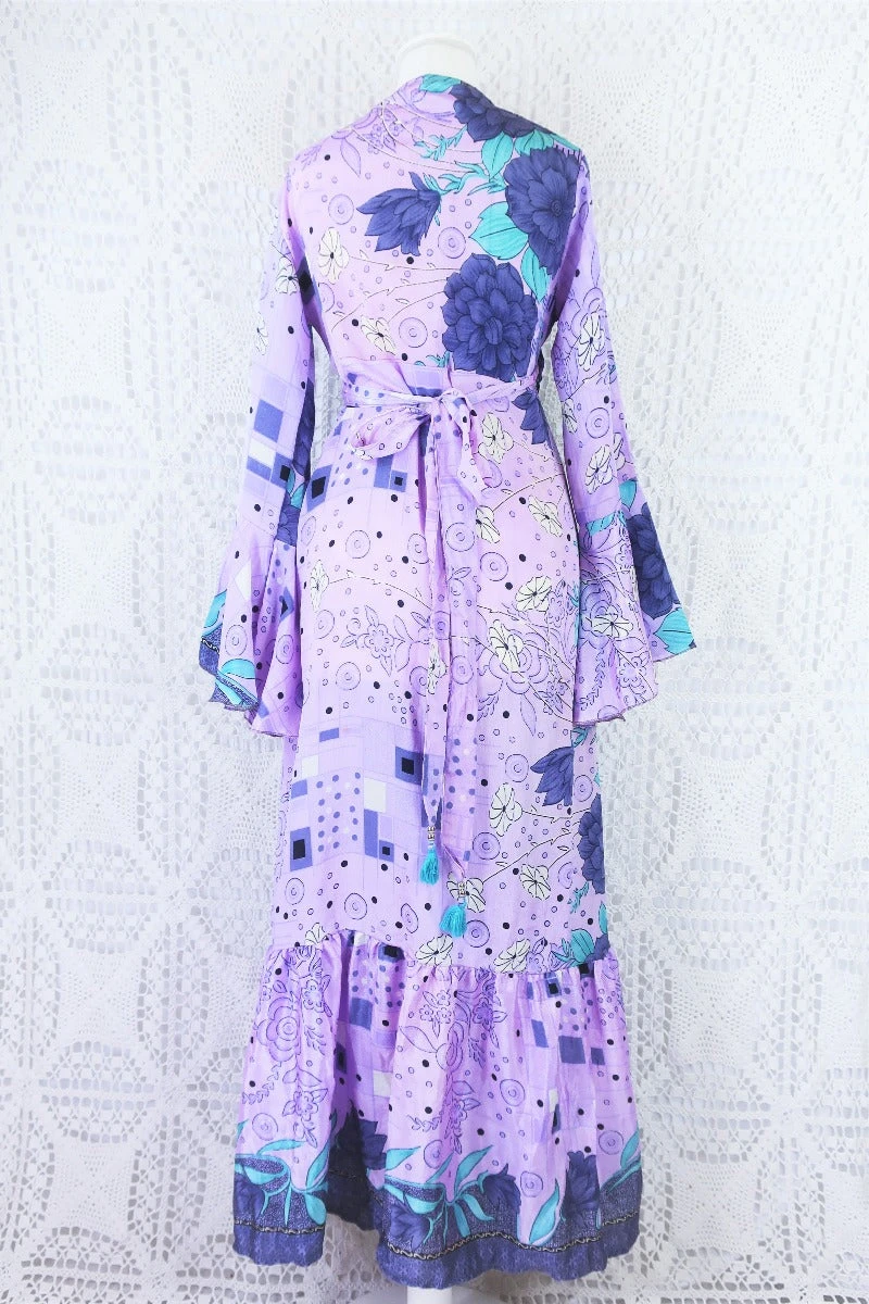 Sylvia Wrap Dress - Vintage Indian Sari - Purple Dusk & Aqua Floral (S/M) 4 Sylvia Wrap Dress - Vintage Indian Sari - Purple Dusk & Aqua Floral (S/M) - Image 4