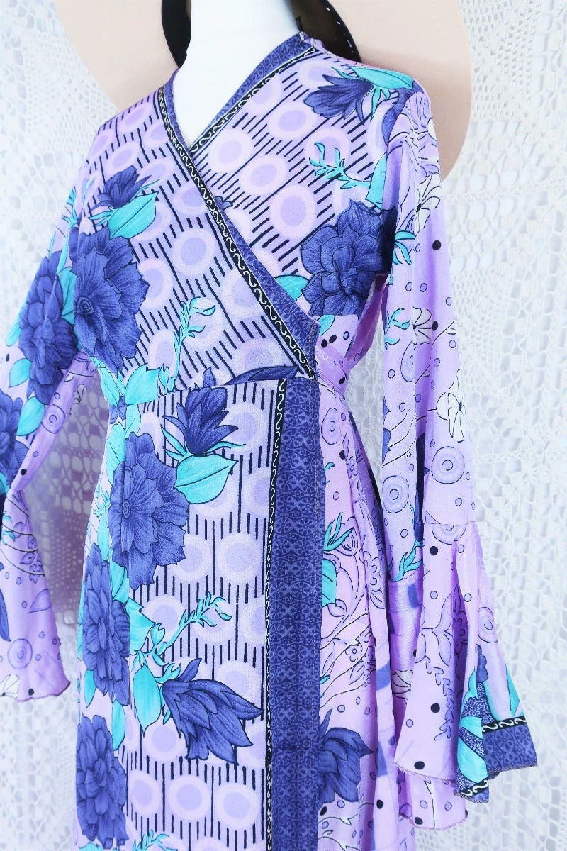 Sylvia Wrap Dress - Vintage Indian Sari - Purple Dusk & Aqua Floral (S/M) 2 Sylvia Wrap Dress - Vintage Indian Sari - Purple Dusk & Aqua Floral (S/M) - Image 2