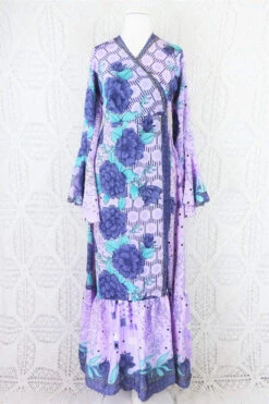 Sylvia Wrap Dress - Vintage Indian Sari - Purple Dusk & Aqua Floral (S/M) 11 Sylvia Wrap Dress - Vintage Indian Sari - Purple Dusk & Aqua Floral (S/M) -KIKIS Clothing Shop purple dusk and aqua floral recycled sari sylvia maxi dress