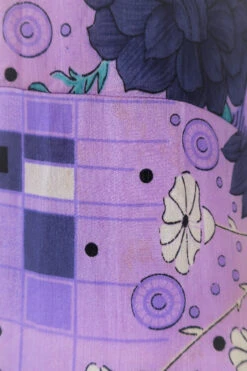 Sylvia Wrap Dress - Vintage Indian Sari - Purple Dusk & Aqua Floral (S/M) 14 Sylvia Wrap Dress - Vintage Indian Sari - Purple Dusk & Aqua Floral (S/M) -KIKIS Clothing Shop purple dusk and aqua floral with cream blocking print close up all about audrey