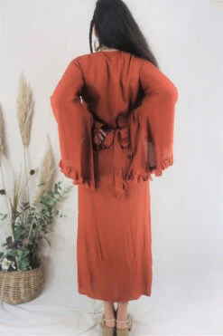 Khroma Venus Maxi Dress - Red Clay -KIKIS Clothing Shop red clay bohemian bell sleeve wrap maxi dress 70s inspired hippie fashion all about audrey 1