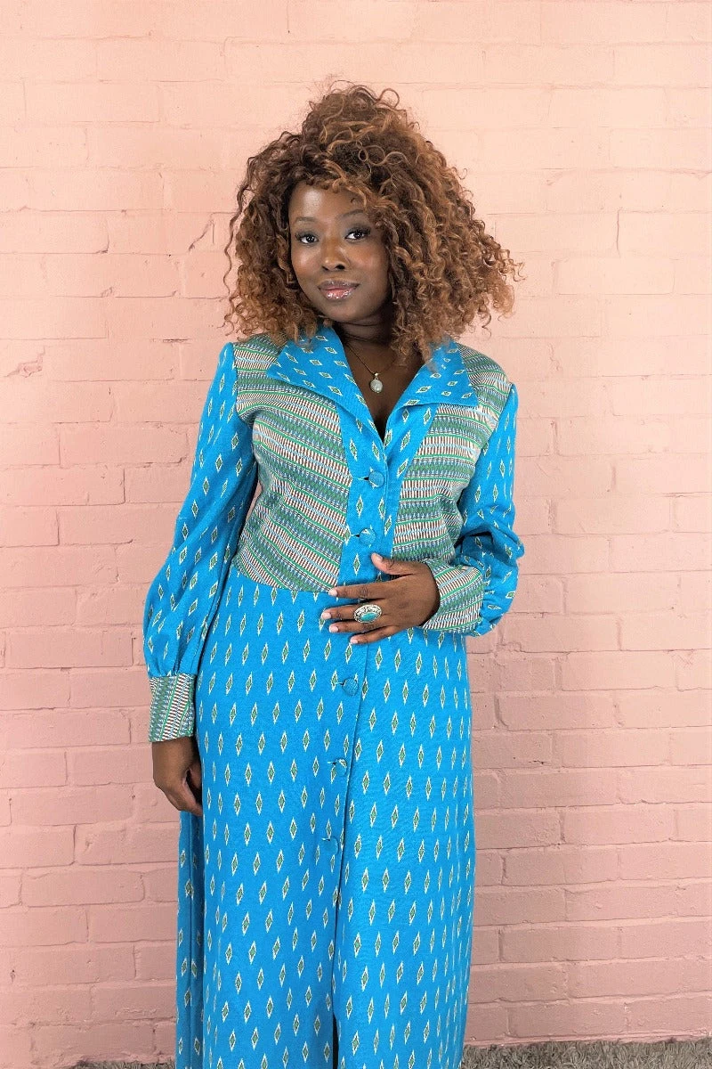 Vintage Retro Jacket/Dress - Deep Sky Blue & Lime- Size S/M 3 Vintage Retro Jacket/Dress - Deep Sky Blue & Lime- Size S/M - Image 3