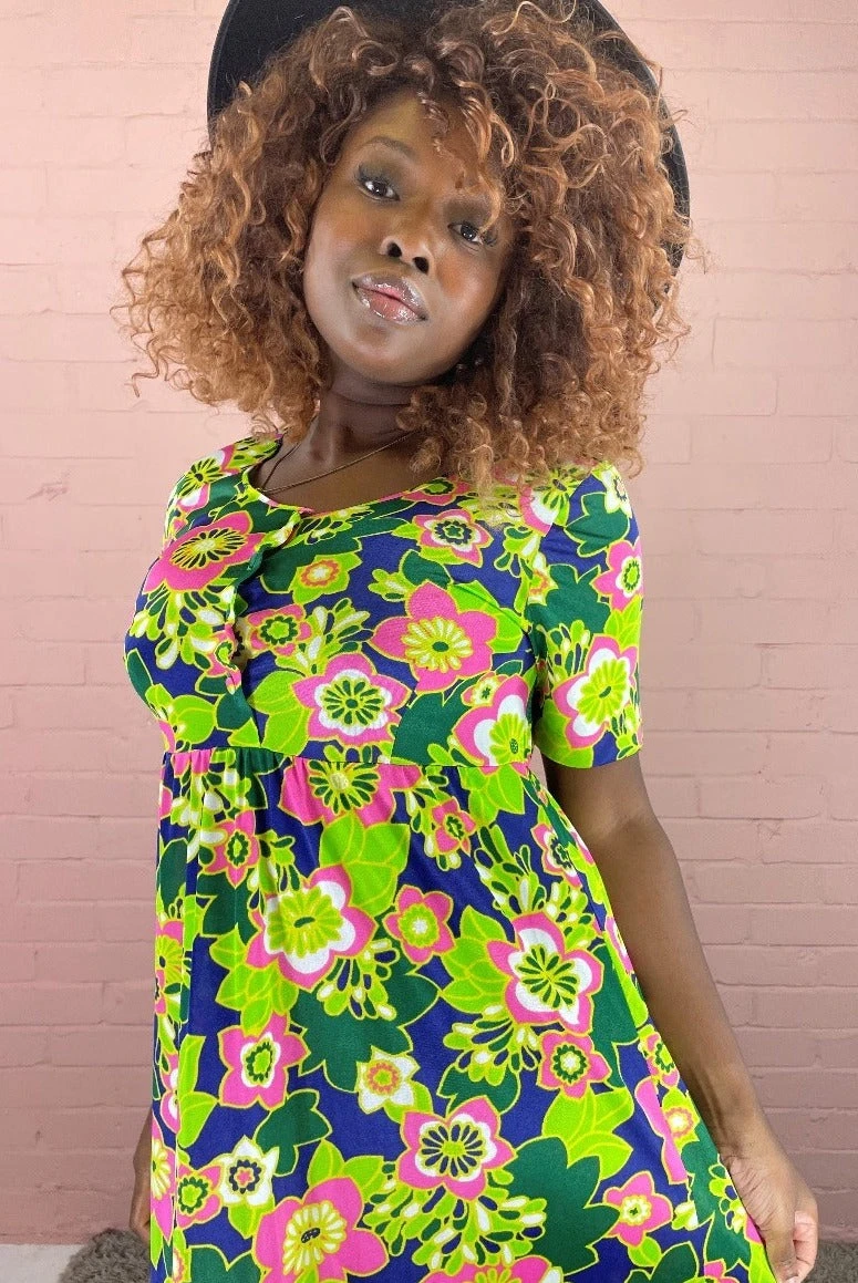 70s Vintage Maxi Dress - Purple, Forrest Green, Lime & Pink Bold Floral - S 3 70s Vintage Maxi Dress - Purple, Forrest Green, Lime & Pink Bold Floral - S - Image 3