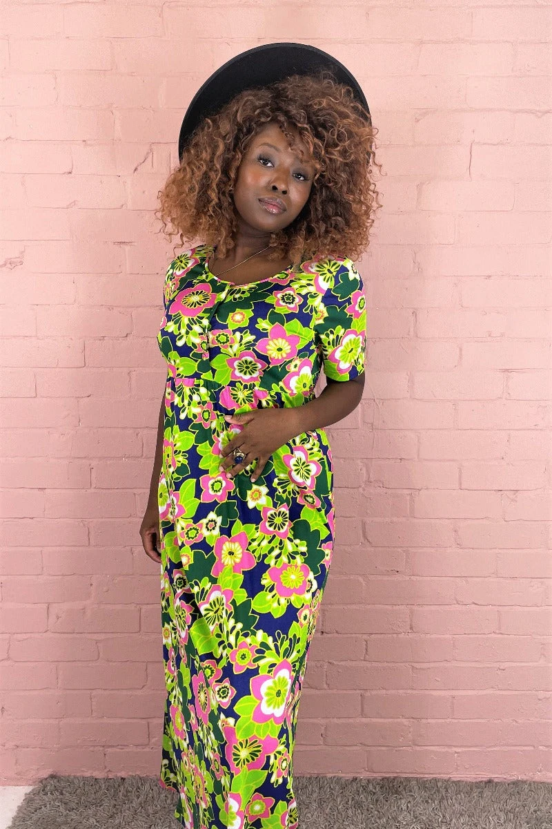 70s Vintage Maxi Dress - Purple, Forrest Green, Lime & Pink Bold Floral - S 2 70s Vintage Maxi Dress - Purple, Forrest Green, Lime & Pink Bold Floral - S - Image 2