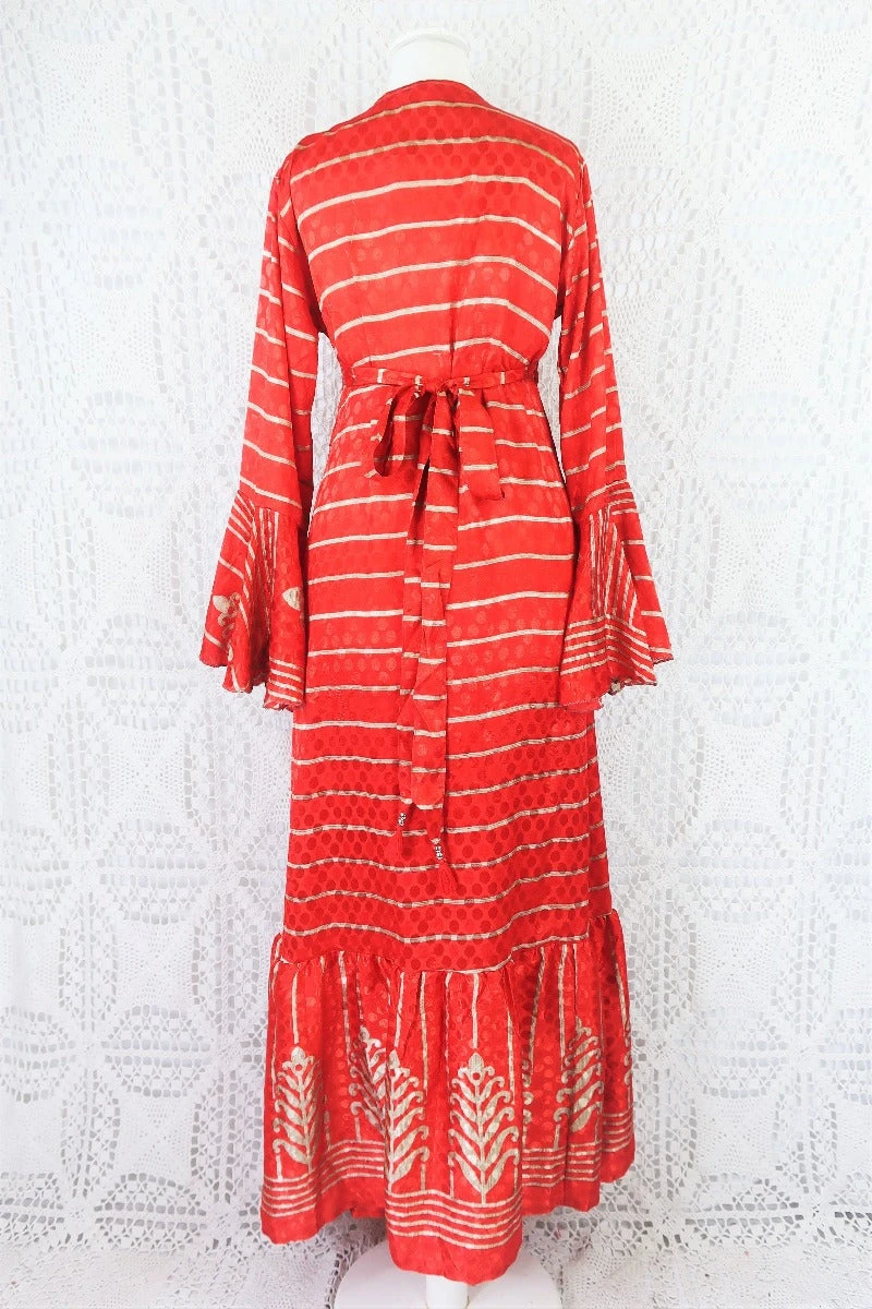 Sylvia Wrap Dress - Vintage Indian Sari - Scarlet & Sand Striped Shimmer (S/M) 2 Sylvia Wrap Dress - Vintage Indian Sari - Scarlet & Sand Striped Shimmer (S/M) - Image 2