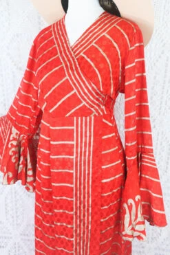 Sylvia Wrap Dress - Vintage Indian Sari - Scarlet & Sand Striped Shimmer (S/M) 11 Sylvia Wrap Dress - Vintage Indian Sari - Scarlet & Sand Striped Shimmer (S/M) -KIKIS Clothing Shop scarlet and sand striped shimmer bust close up sylvia wrap dress all about audrey