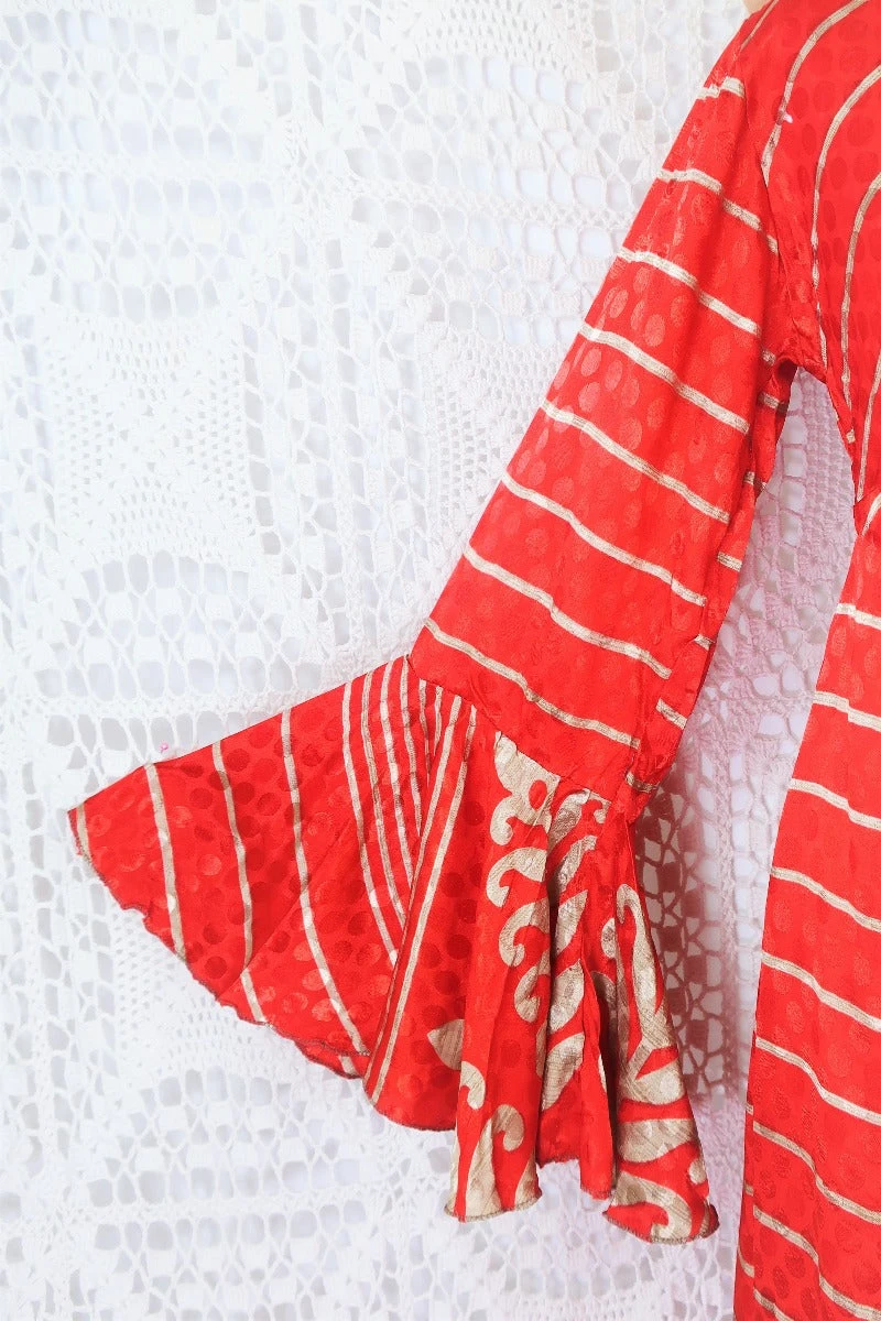 Sylvia Wrap Dress - Vintage Indian Sari - Scarlet & Sand Striped Shimmer (S/M) 5 Sylvia Wrap Dress - Vintage Indian Sari - Scarlet & Sand Striped Shimmer (S/M) - Image 5