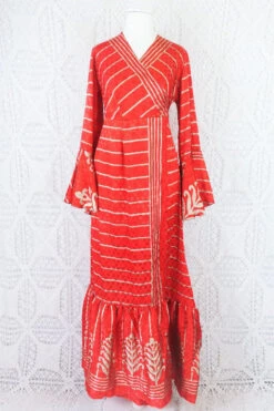 Sylvia Wrap Dress - Vintage Indian Sari - Scarlet & Sand Striped Shimmer (S/M) 10 Sylvia Wrap Dress - Vintage Indian Sari - Scarlet & Sand Striped Shimmer (S/M) -KIKIS Clothing Shop scarlet and sand striped shimmer recycled sari sylvia maxi dress all about audrey