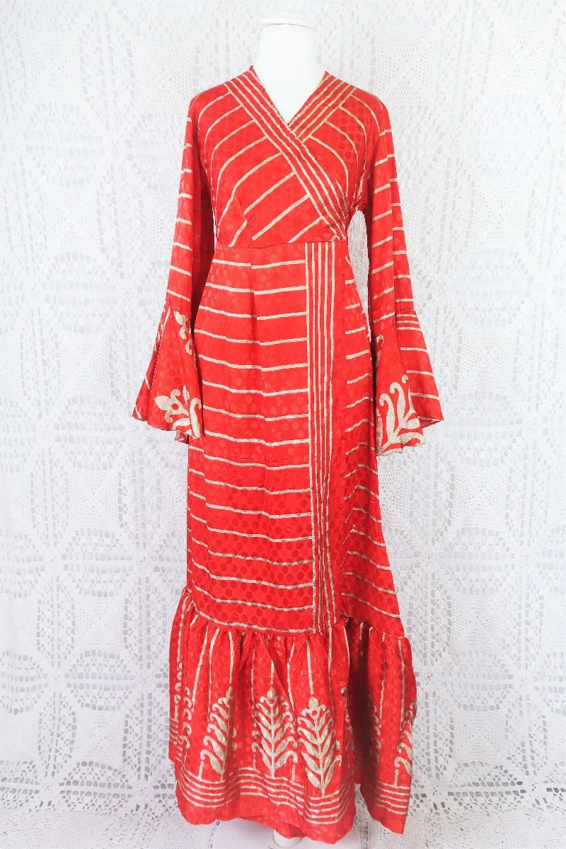 Sylvia Wrap Dress - Vintage Indian Sari - Scarlet & Sand Striped Shimmer (S/M) 3 Sylvia Wrap Dress - Vintage Indian Sari - Scarlet & Sand Striped Shimmer (S/M) - Image 3