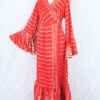 Sylvia Wrap Dress - Vintage Indian Sari - Scarlet & Sand Striped Shimmer (S/M)