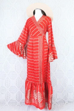 Sylvia Wrap Dress - Vintage Indian Sari - Scarlet & Sand Striped Shimmer (S/M)