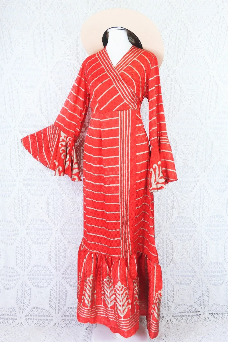 Sylvia Wrap Dress - Vintage Indian Sari - Scarlet & Sand Striped Shimmer (S/M) 1 Sylvia Wrap Dress - Vintage Indian Sari - Scarlet & Sand Striped Shimmer (S/M)