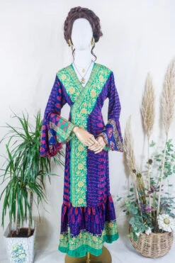 Sylvia Wrap Dress - Lucky Emerald And Navy Dusk Motif - Vintage Sari - Size L/XL