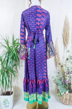 Sylvia Wrap Dress - Lucky Emerald And Navy Dusk Motif - Vintage Sari - Size L/XL -KIKIS Clothing Shop sylvia boho maxi wrap dress long flared sleeve drop hem frilly hippy dress handmade from vintage 70s recycled indian sari by all about audrey 13