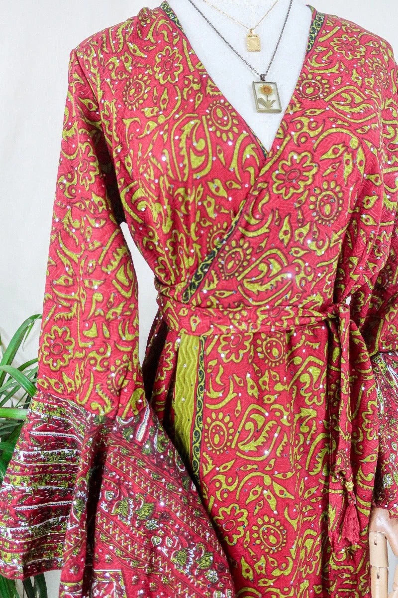 Sylvia Wrap Dress - Saffron And Ochre Sparkle - Vintage Sari - Size L/XL 2 Sylvia Wrap Dress - Saffron And Ochre Sparkle - Vintage Sari - Size L/XL - Image 2