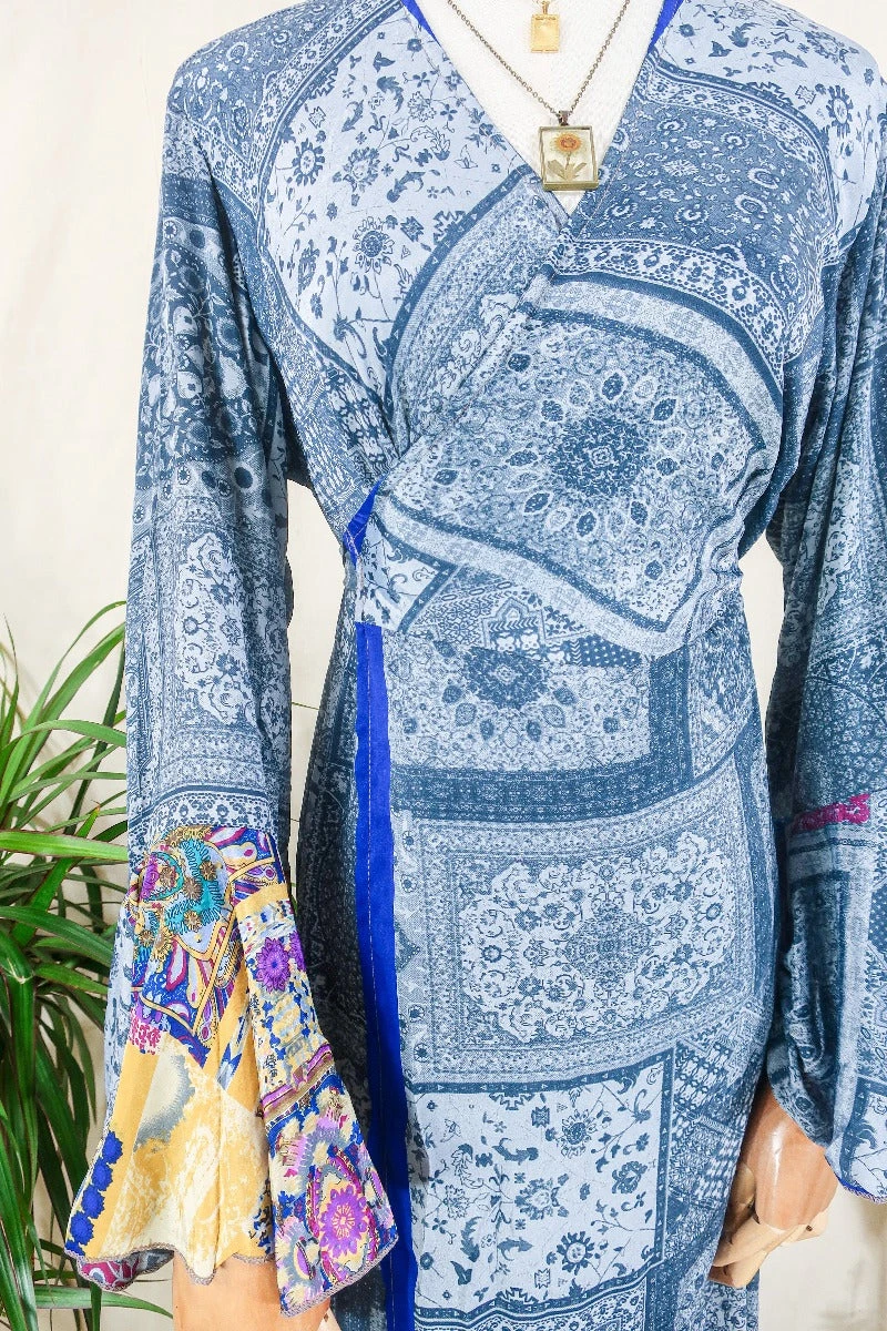 Sylvia Wrap Dress- Patchwork Persian Rug Motif - Vintage Sari - Size L/XL 2 Sylvia Wrap Dress- Patchwork Persian Rug Motif - Vintage Sari - Size L/XL - Image 2