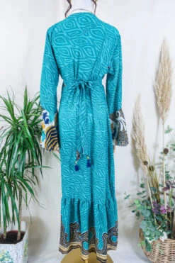 Sylvia Wrap Dress - Teal And Mustard Abstract Leaf - Vintage Sari - Size L/XL -KIKIS Clothing Shop sylvia boho maxi wrap dress long flared sleeve drop hem frilly hippy dress handmade from vintage 70s recycled indian sari by all about audrey 24