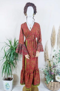 Sylvia Wrap Dress - Saffron And Ochre Sparkle - Vintage Sari - Size L/XL 6 Sylvia Wrap Dress - Saffron And Ochre Sparkle - Vintage Sari - Size L/XL -KIKIS Clothing Shop sylvia boho maxi wrap dress long flared sleeve drop hem frilly hippy dress handmade from vintage 70s recycled indian sari by all about audrey 3