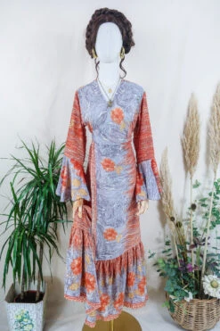 Sylvia Wrap Dress - Peach Marble Flora - Vintage Sari - Size L/XL