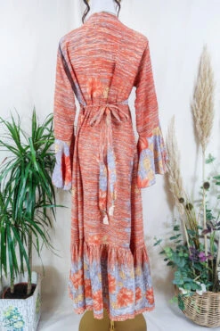Sylvia Wrap Dress - Peach Marble Flora - Vintage Sari - Size L/XL 5 Sylvia Wrap Dress - Peach Marble Flora - Vintage Sari - Size L/XL -KIKIS Clothing Shop sylvia boho maxi wrap dress long flared sleeve drop hem frilly hippy dress handmade from vintage 70s recycled indian sari by all about audrey 32