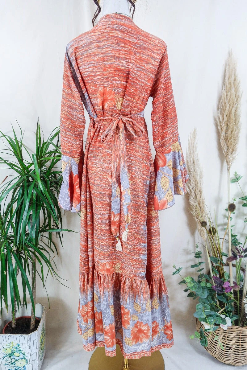 Sylvia Wrap Dress - Peach Marble Flora - Vintage Sari - Size L/XL 3 Sylvia Wrap Dress - Peach Marble Flora - Vintage Sari - Size L/XL - Image 3