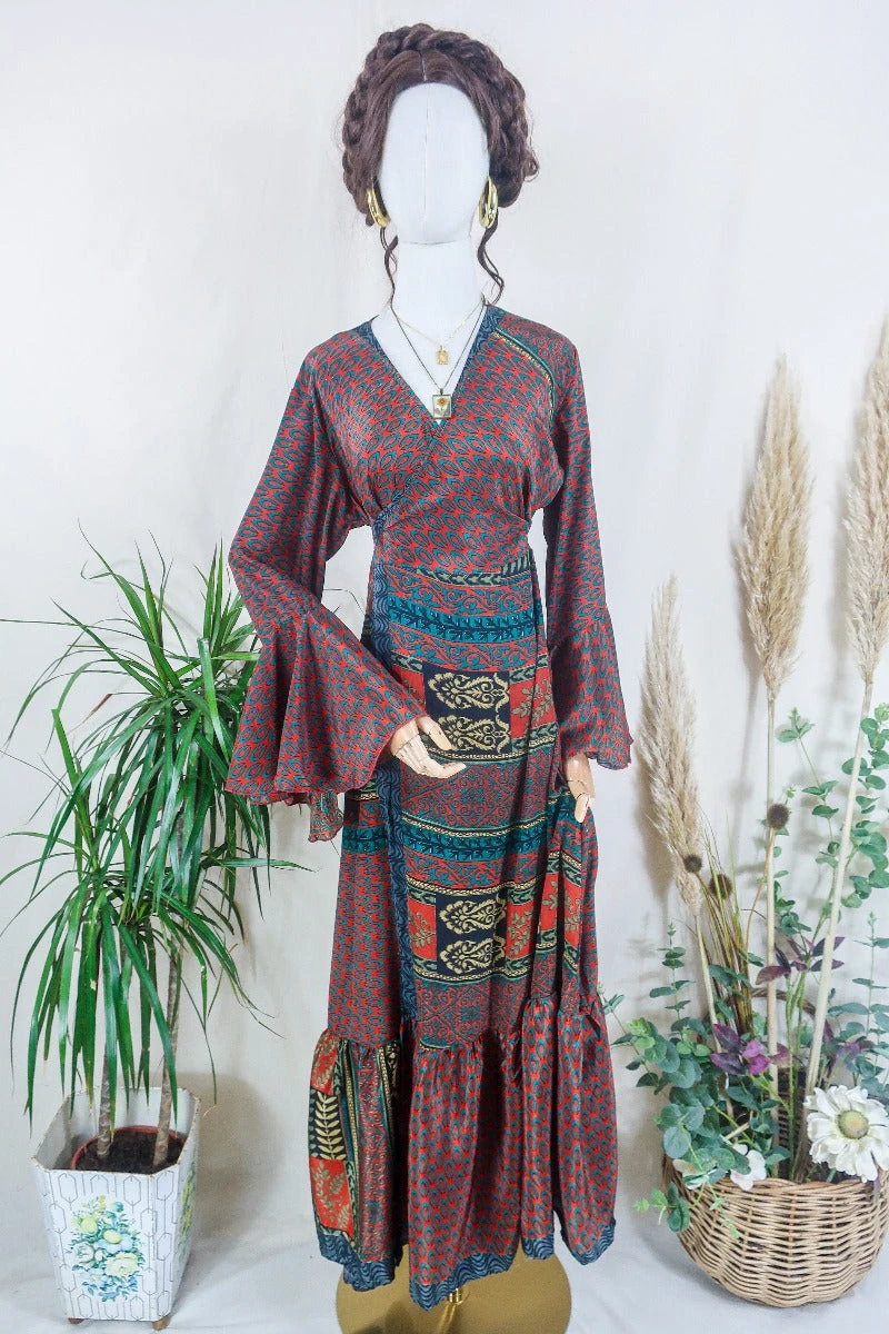 Sylvia Wrap Dress - Saffron And Ivy Mandala Motif - Vintage Sari - Size L/XL 1 Sylvia Wrap Dress - Saffron And Ivy Mandala Motif - Vintage Sari - Size L/XL