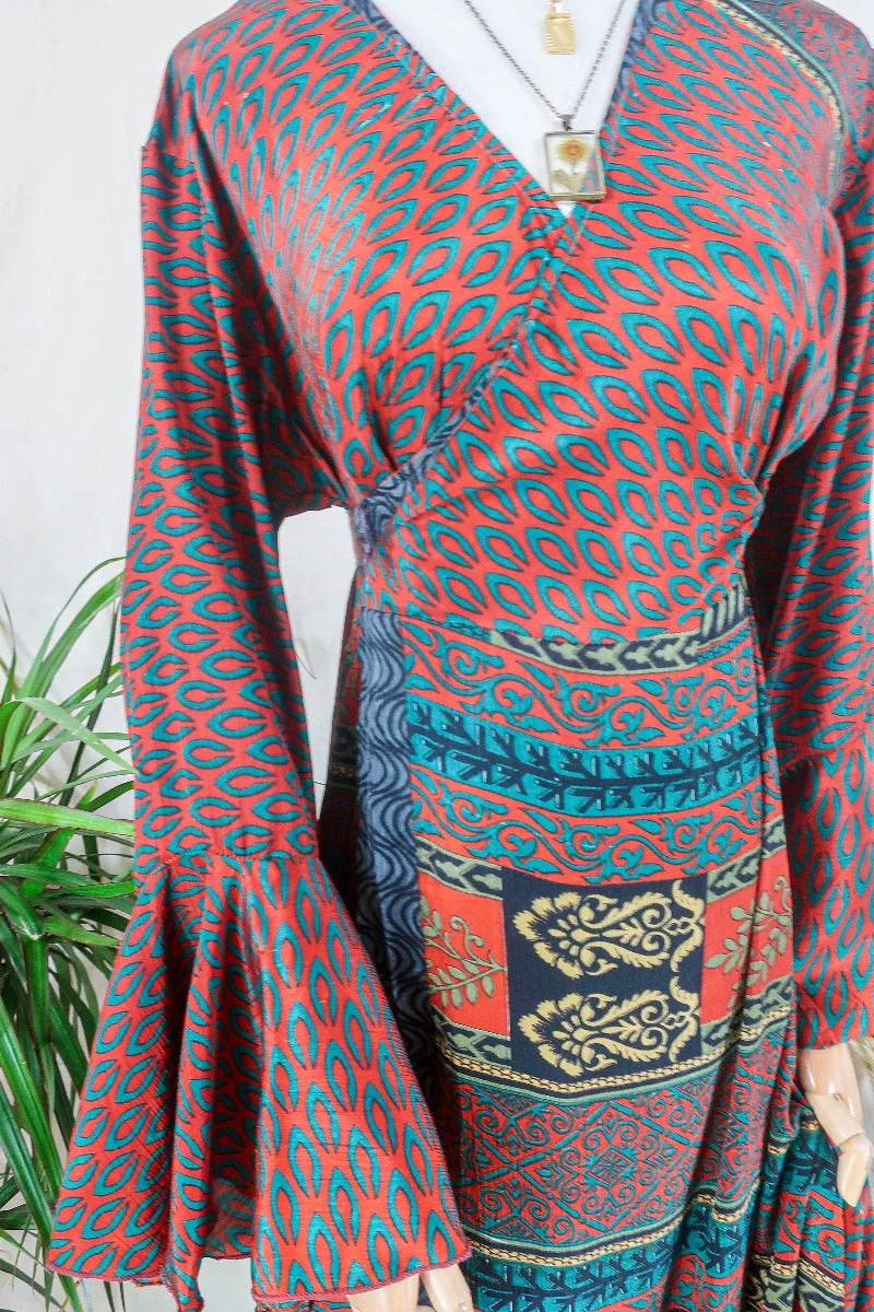 Sylvia Wrap Dress - Saffron And Ivy Mandala Motif - Vintage Sari - Size L/XL 2 Sylvia Wrap Dress - Saffron And Ivy Mandala Motif - Vintage Sari - Size L/XL - Image 2