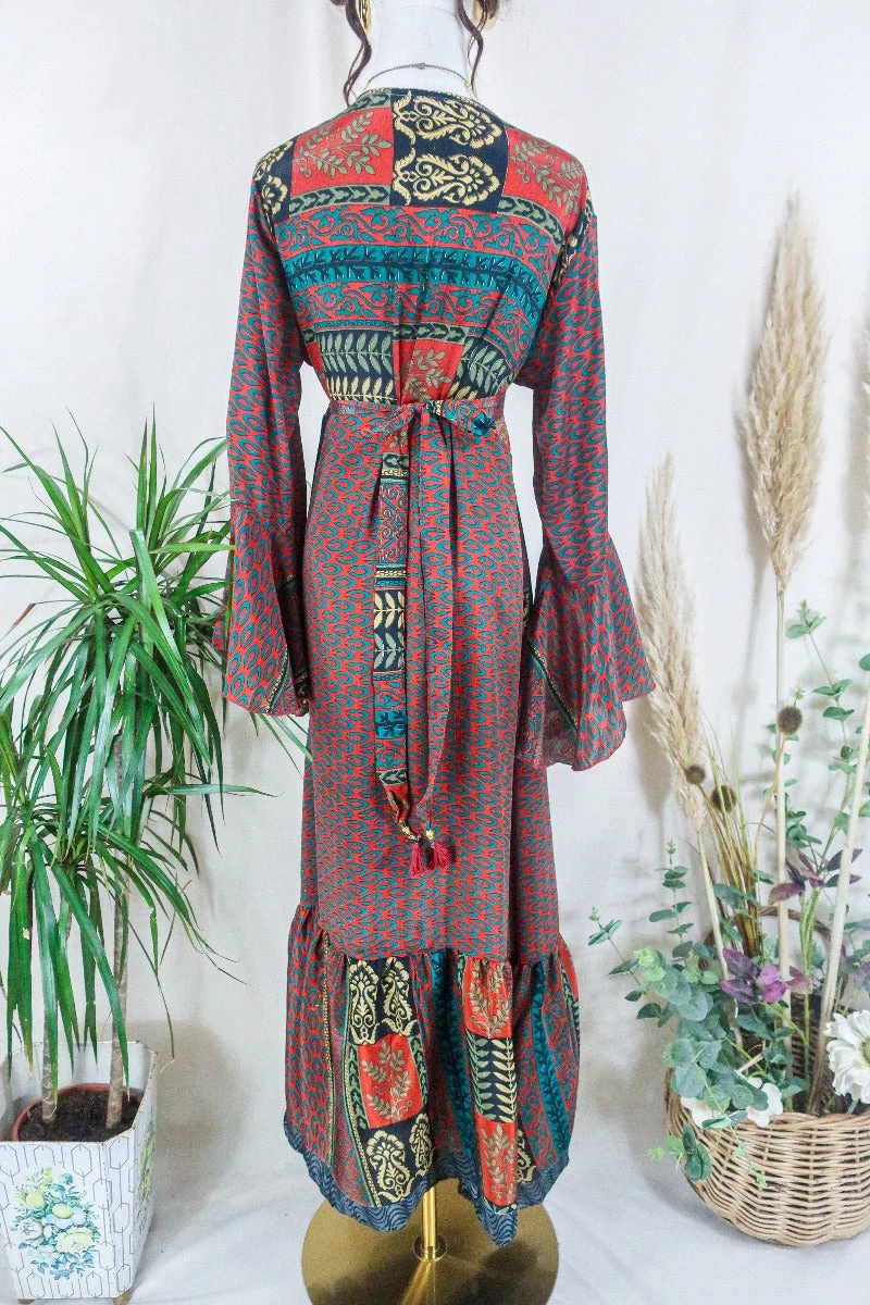 Sylvia Wrap Dress - Saffron And Ivy Mandala Motif - Vintage Sari - Size L/XL 3 Sylvia Wrap Dress - Saffron And Ivy Mandala Motif - Vintage Sari - Size L/XL - Image 3