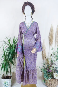Sylvia Wrap Dress - Violet And Pistachio Swirl - Vintage Sari - Size L/XL