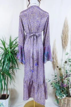 Sylvia Wrap Dress - Violet And Pistachio Swirl - Vintage Sari - Size L/XL -KIKIS Clothing Shop sylvia boho maxi wrap dress long flared sleeve drop hem frilly hippy dress handmade from vintage 70s recycled indian sari by all about audrey 41