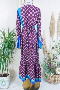 Sylvia Wrap Dress - Beetroot And Cerulean Bold Motif - Vintage Sari - Size L/XL -KIKIS Clothing Shop sylvia boho maxi wrap dress long flared sleeve drop hem frilly hippy dress handmade from vintage 70s recycled indian sari by all about audrey 44