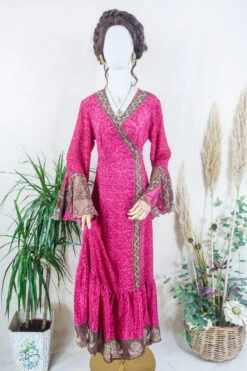 Sylvia Wrap Dress - Magenta And Cinnamon Gardenia - Vintage Sari - Size M/L