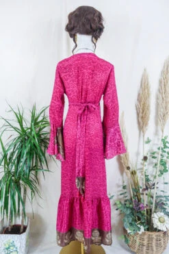 Sylvia Wrap Dress - Magenta And Cinnamon Gardenia - Vintage Sari - Size M/L -KIKIS Clothing Shop sylvia boho maxi wrap dress long flared sleeve drop hem frilly hippy dress handmade from vintage 70s recycled indian sari by all about audrey 47
